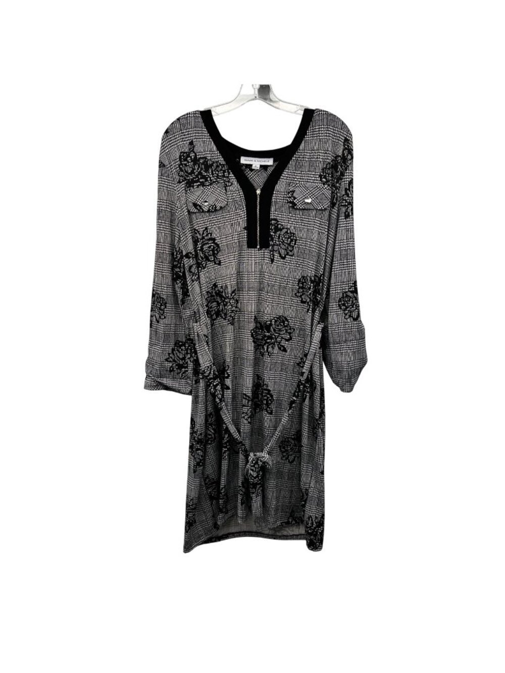 Emma & Michele Shift Dress Mixed Print Long Sleeve Black/White Size XL Belted